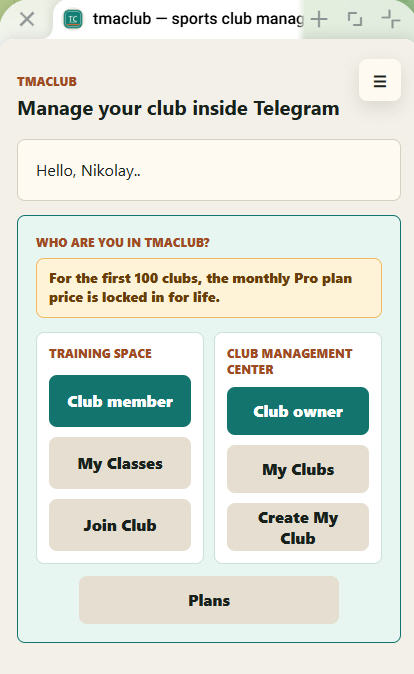 A Telegram Mini App for managing sports clubs: clubs, groups, memberships, attendance, join requests, and notifications