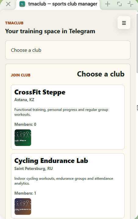 A Telegram Mini App for managing sports clubs: clubs, groups, memberships, attendance, join requests, and notifications